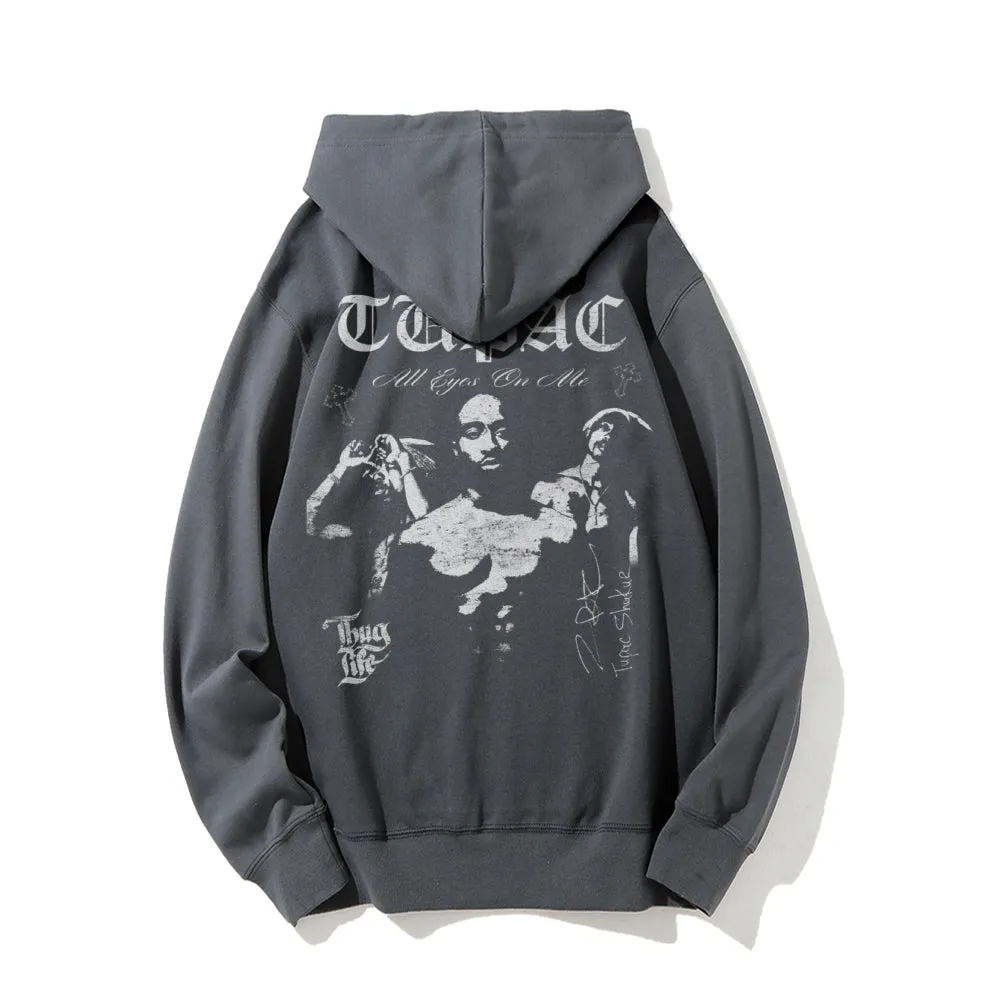 Mens Vintage Tupac Darkness Style Print Graphic Pullover With Kangaroo Pocket Hoodies