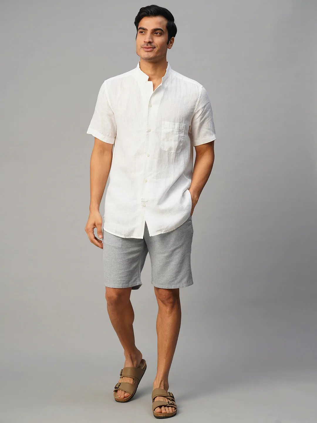 Men's White 100% Linen Regular Fit Shirt