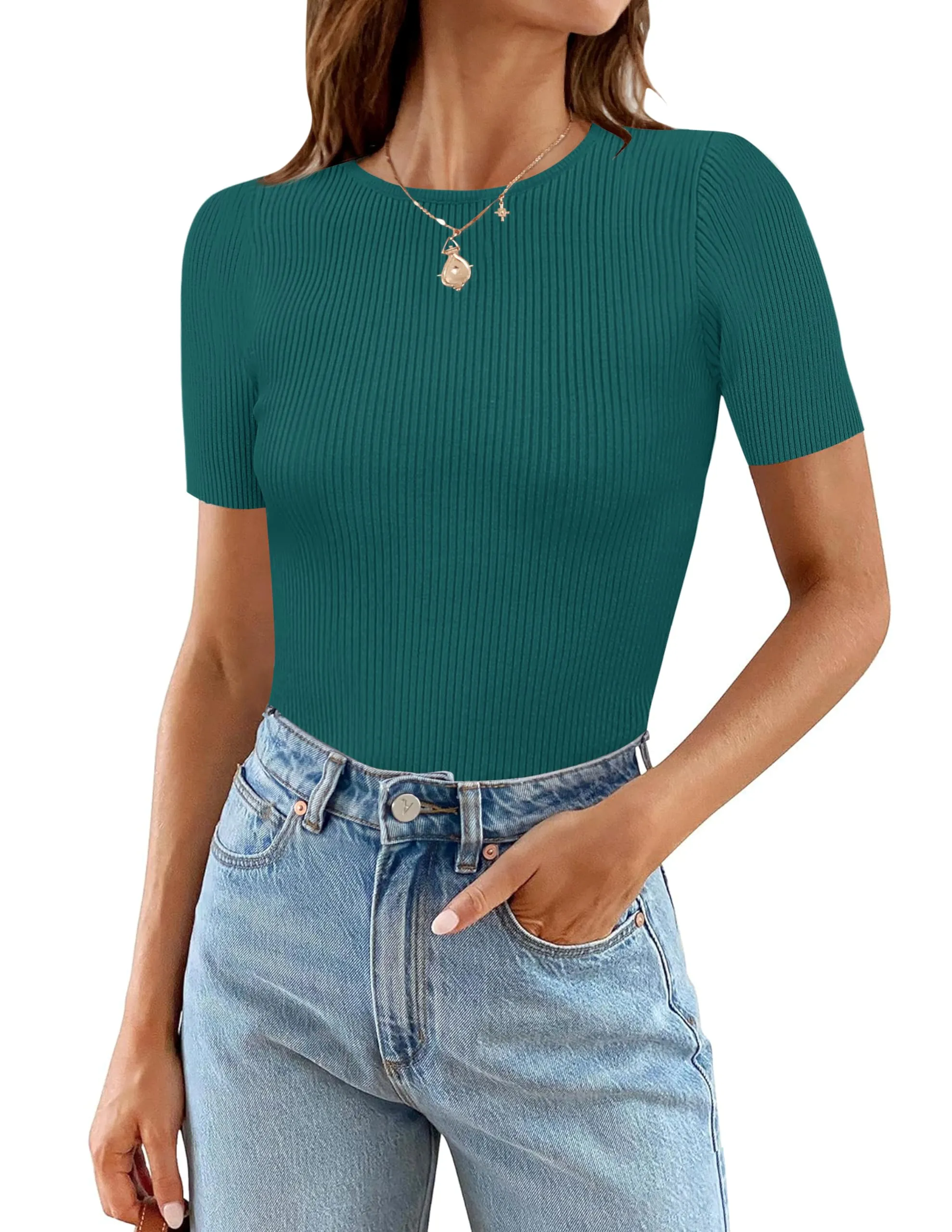 MEROKEETY Short Sleeve Crewneck Ribbed Knit Bodysuit