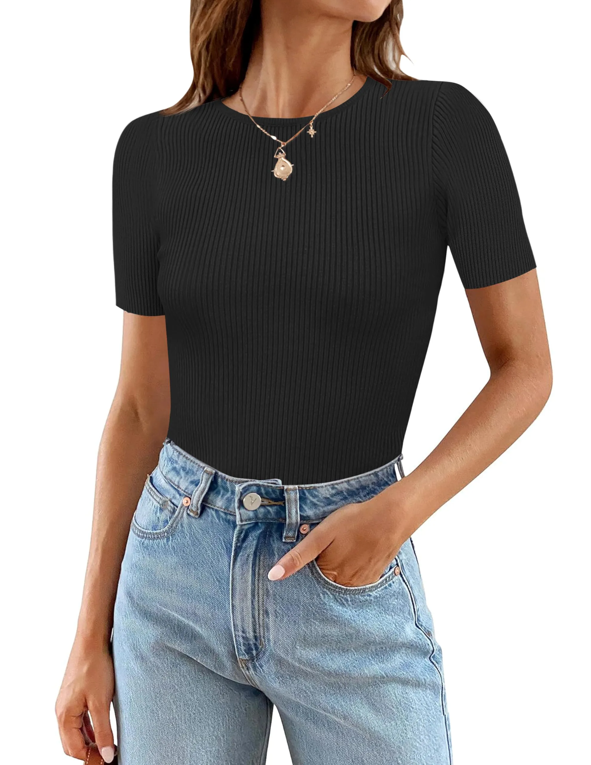 MEROKEETY Short Sleeve Crewneck Ribbed Knit Bodysuit