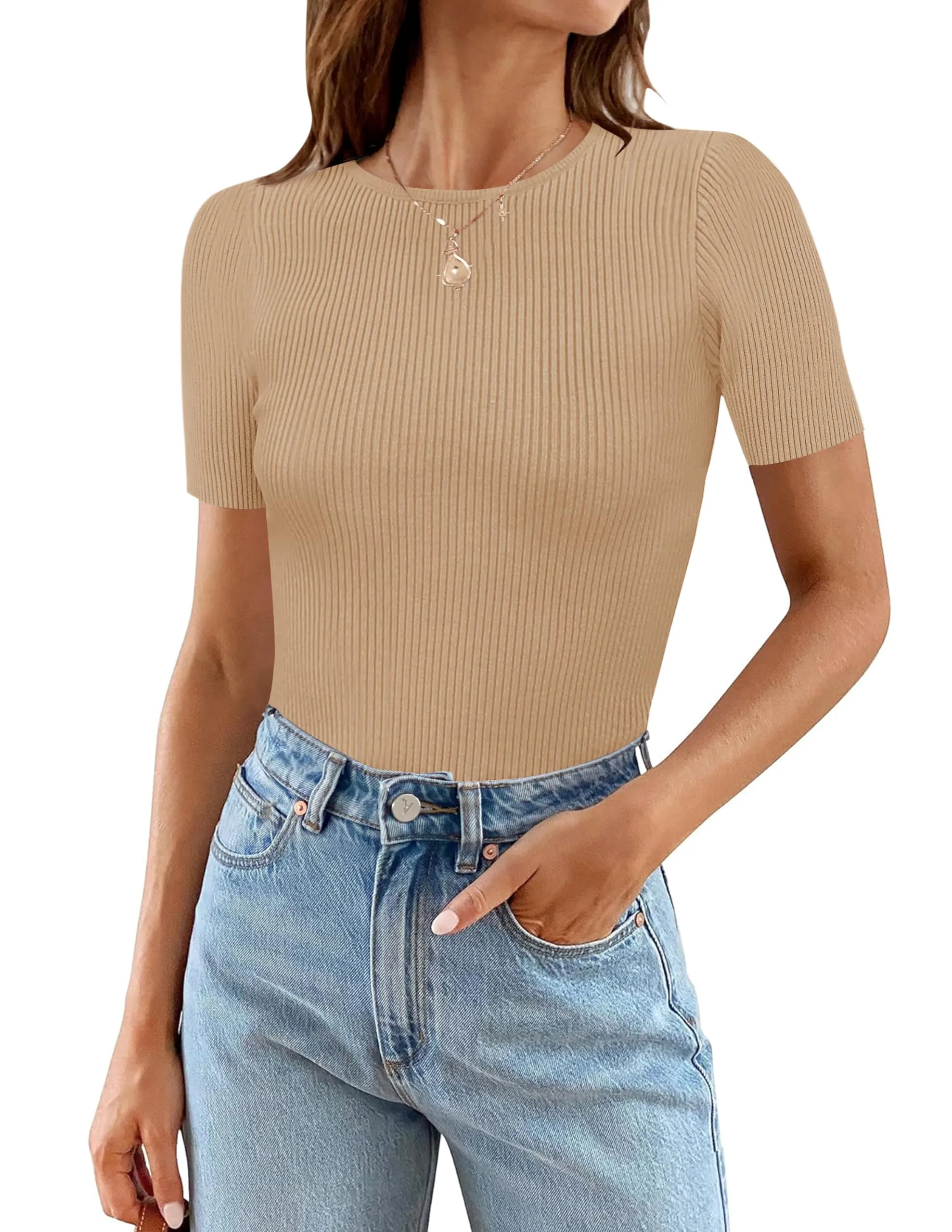 MEROKEETY Short Sleeve Crewneck Ribbed Knit Bodysuit