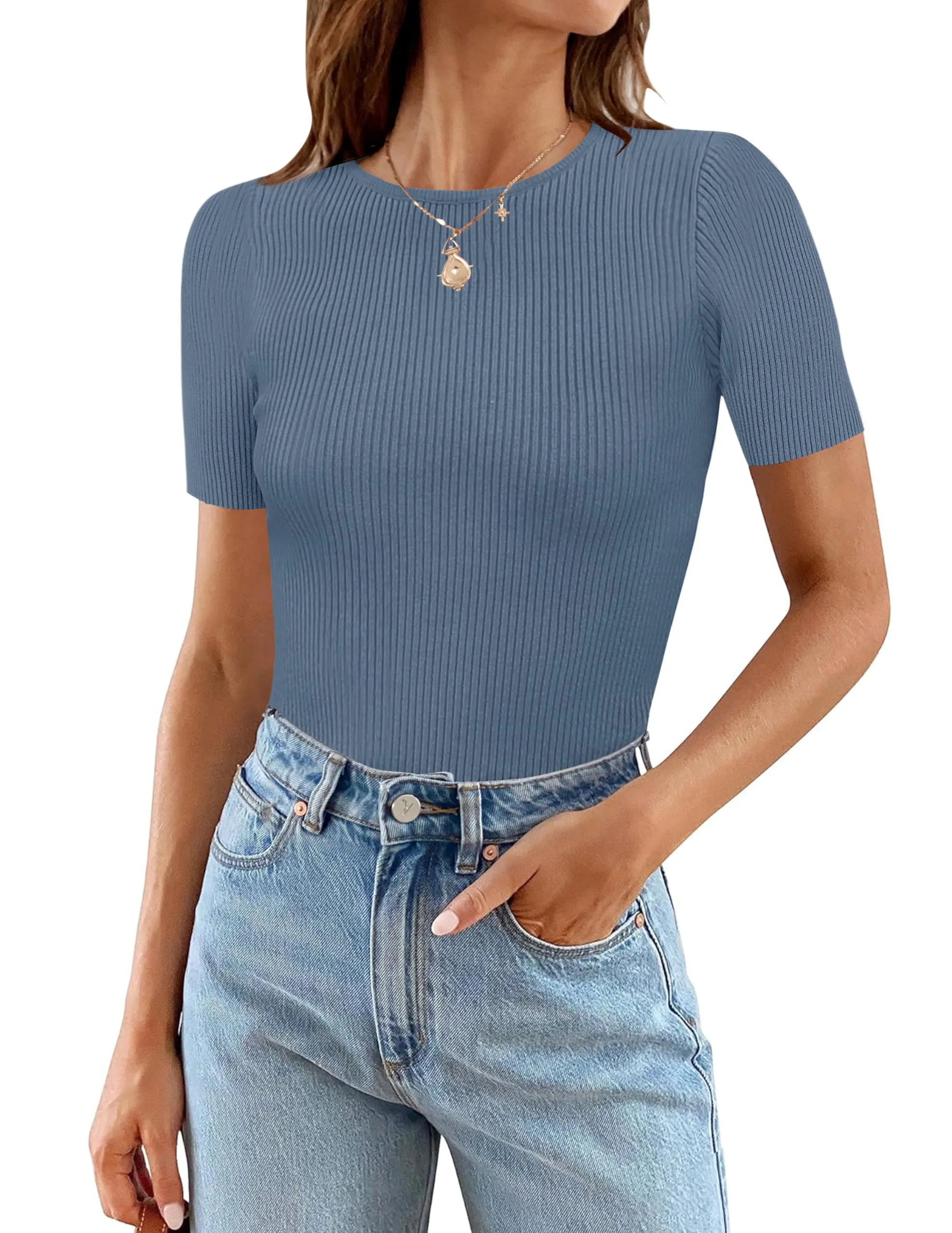 MEROKEETY Short Sleeve Crewneck Ribbed Knit Bodysuit