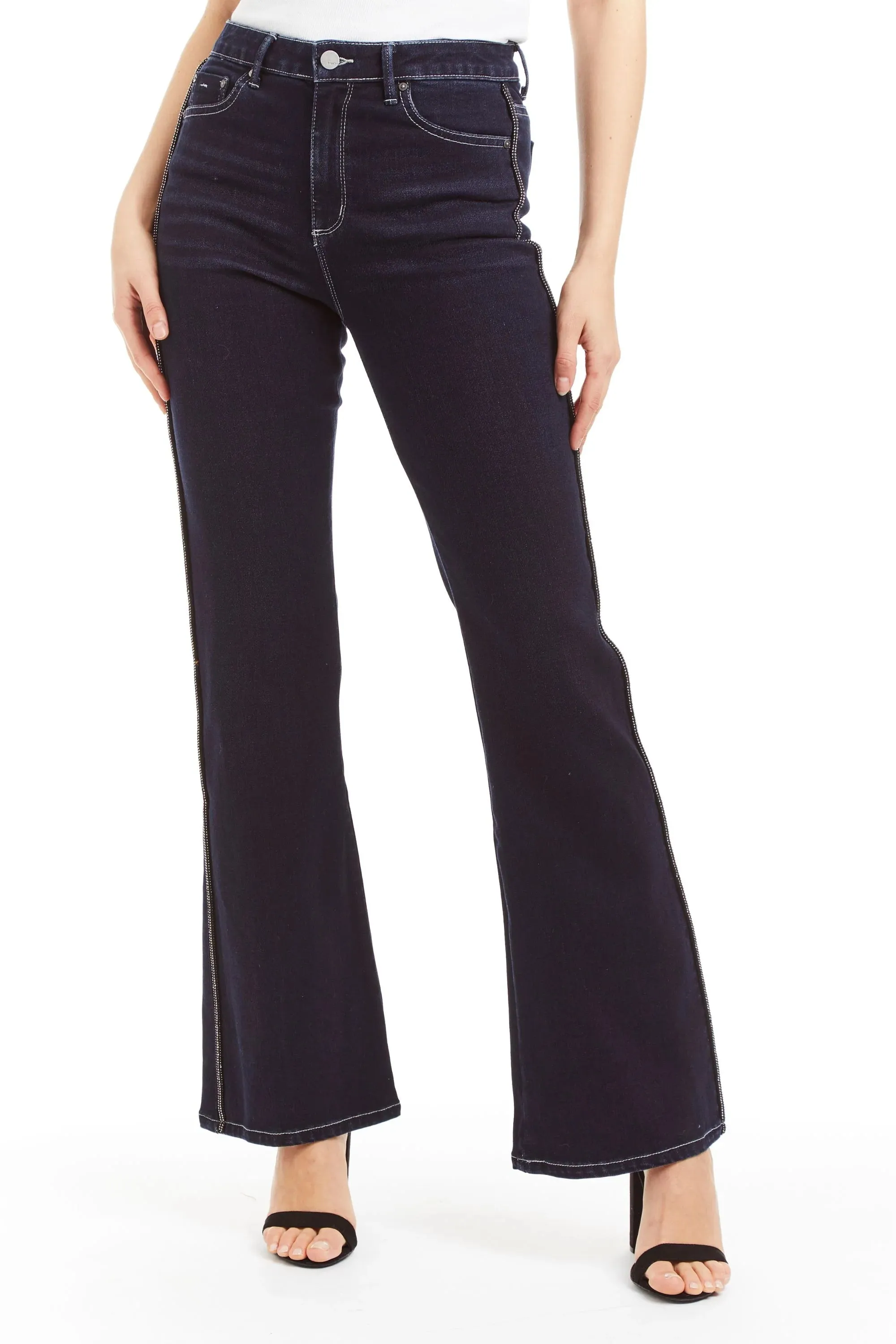 Mid Rise Bling Side Seam Piping Bootcut - Dark Indigo