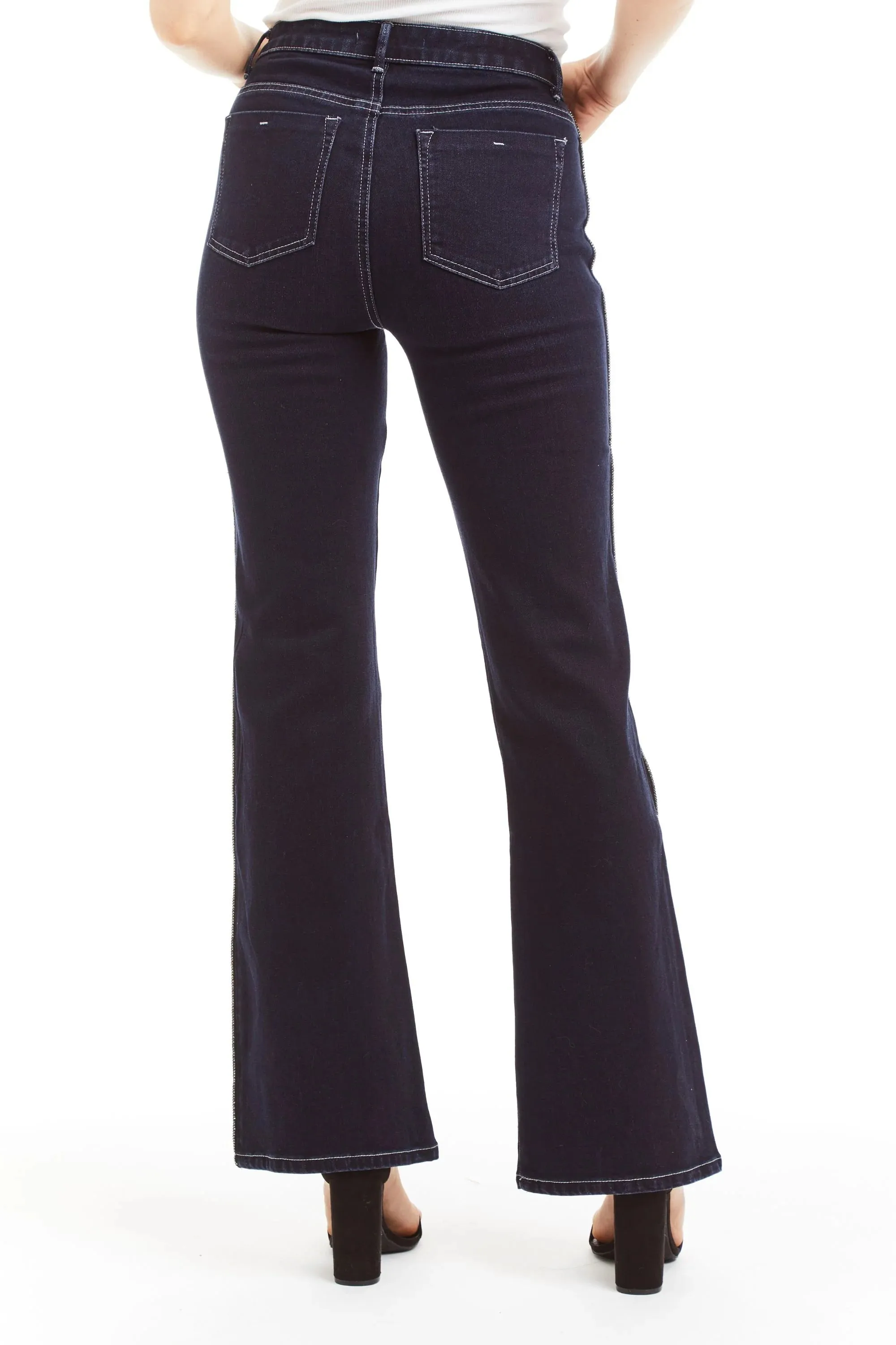 Mid Rise Bling Side Seam Piping Bootcut - Dark Indigo