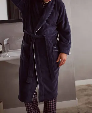 Navy Fleece Dressing Gown With Piping