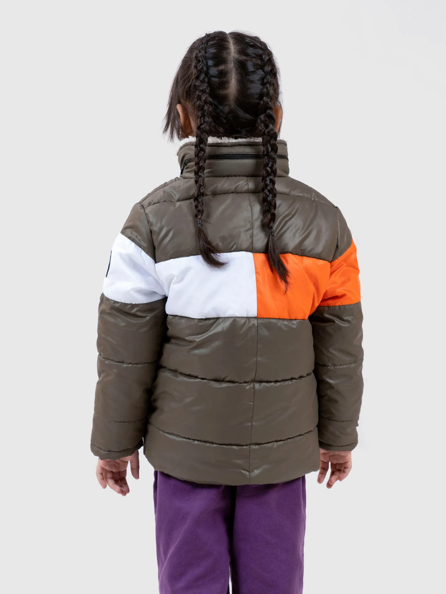 Olive & Orange Casual Puffer Jacket With Sherpa & Hidden Hoodie - Unisex