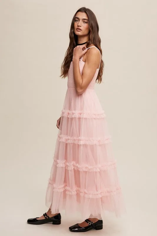 Peach Blush Frilly Ruffle Tiered Mesh Maxi Dress