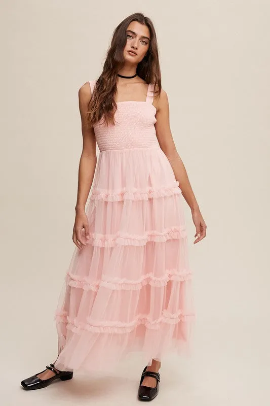 Peach Blush Frilly Ruffle Tiered Mesh Maxi Dress