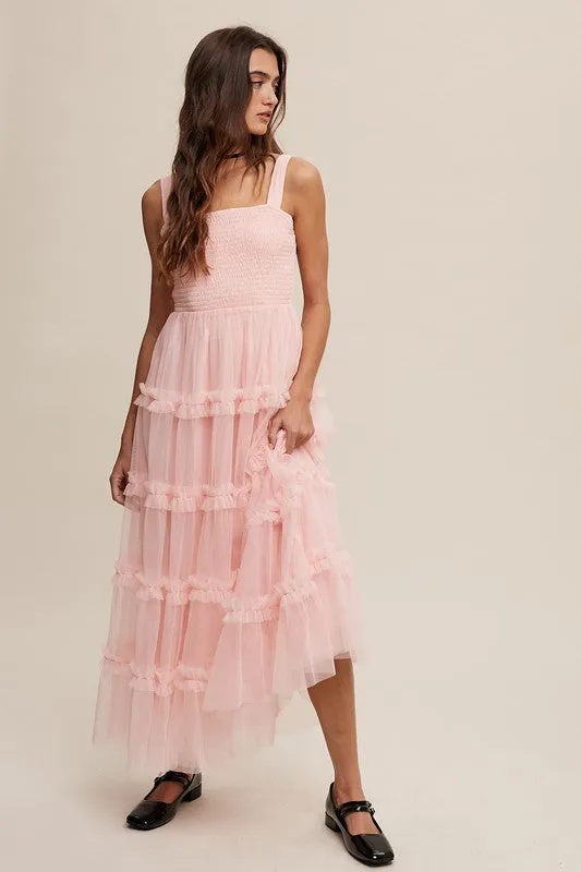 Peach Blush Frilly Ruffle Tiered Mesh Maxi Dress