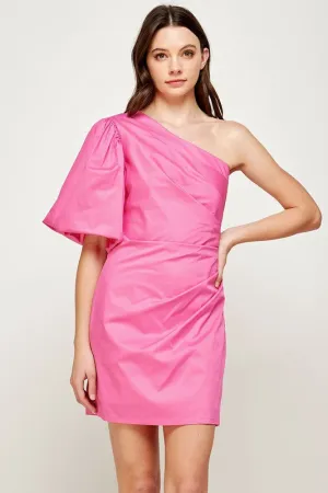 Pink Ruched Side One Shoulder Mini Dress