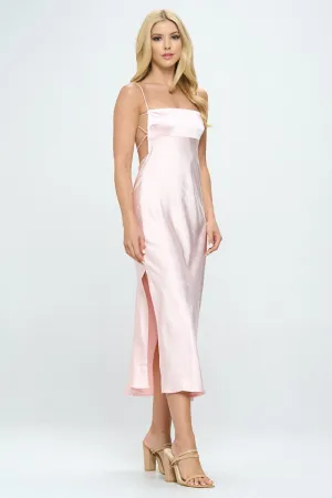 Pink Satin Cami Empire Waist Midi Dress