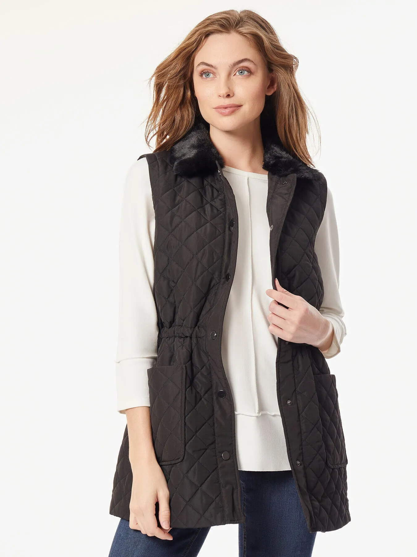 Plus Size Snap Front Quilted Fur Collar Vest