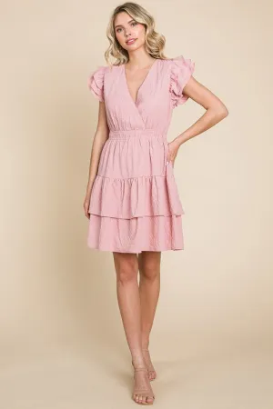 Rose Ruffled Waistband V Neck Tiered Wrap Dress