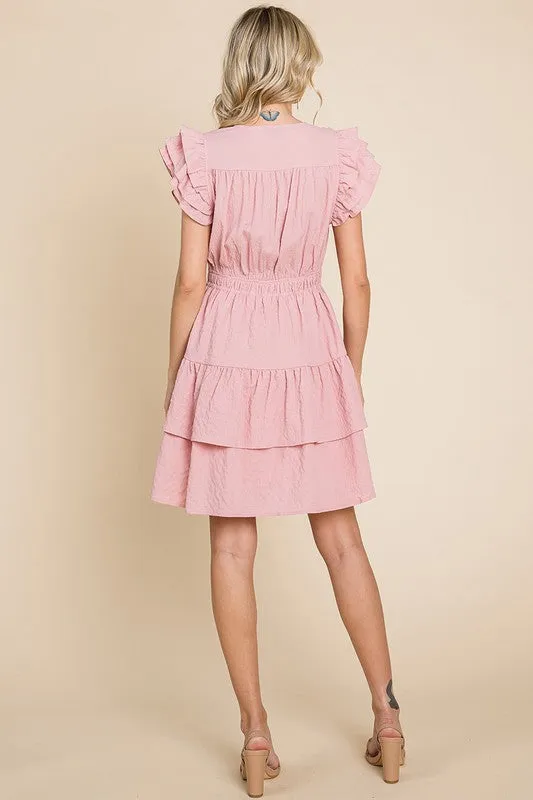 Rose Ruffled Waistband V Neck Tiered Wrap Dress