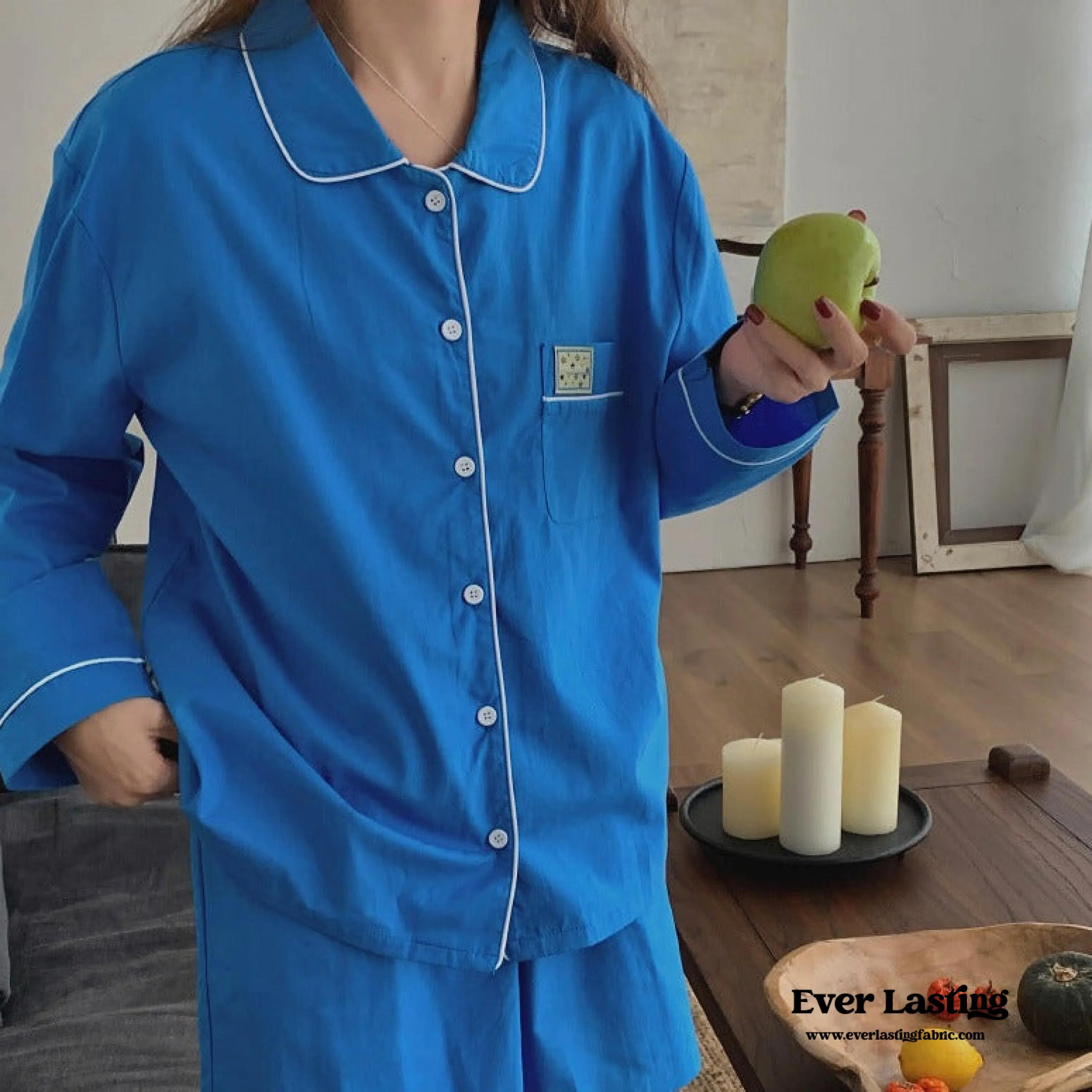 Royal Blue Long Sleeves and Shorts Pajama Set