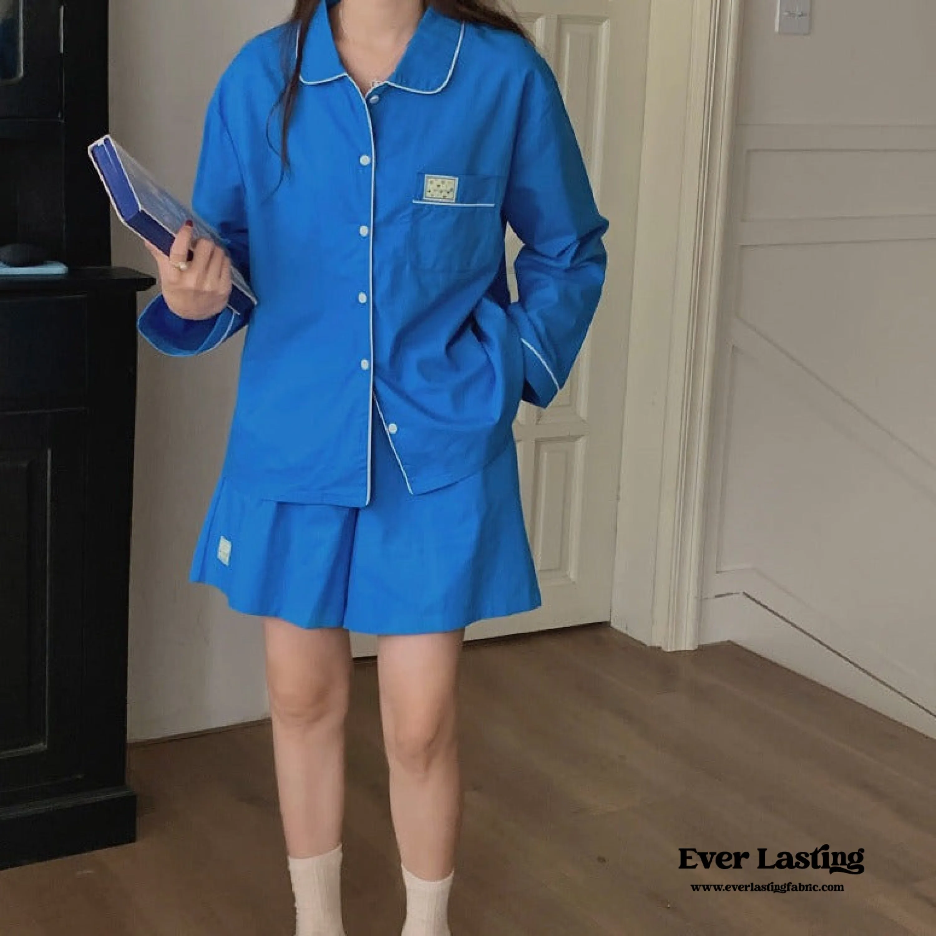 Royal Blue Long Sleeves and Shorts Pajama Set