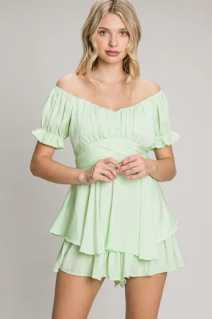 Sage Mint Off-Shoulder Tie Back Romper