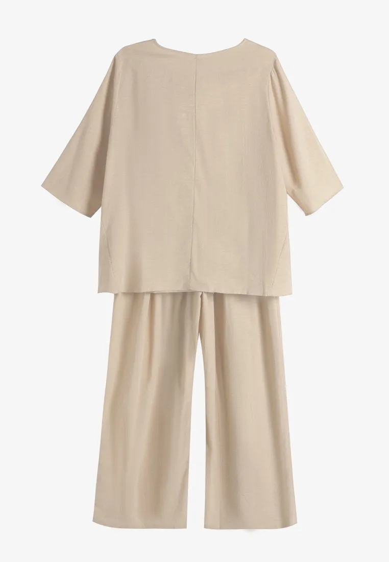 Senai Raya Zen V-Neck Pants Set - Beige