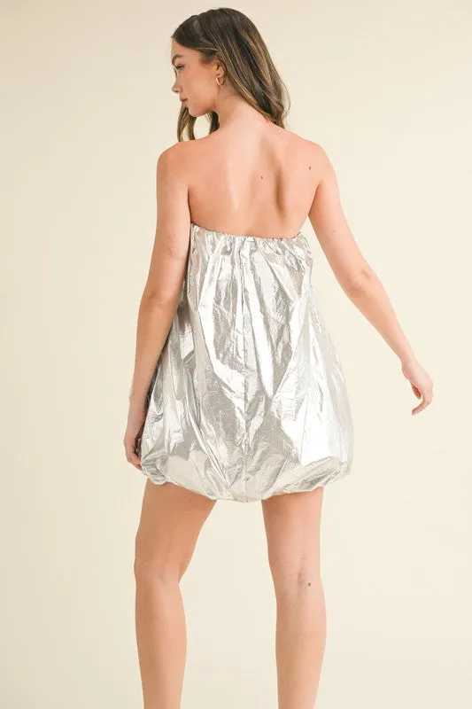 Silver Metalic Strapless Puff Sleeve Balloon Mini Dress