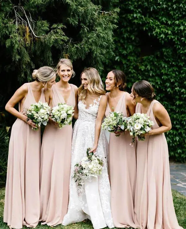 Simple Light Pink Chiffon A-line V-neck Long Bridesmaid Dresses, BD106