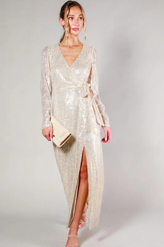 Taupe Long Sleeve Tie Waist Wrap Maxi Sequin Dress