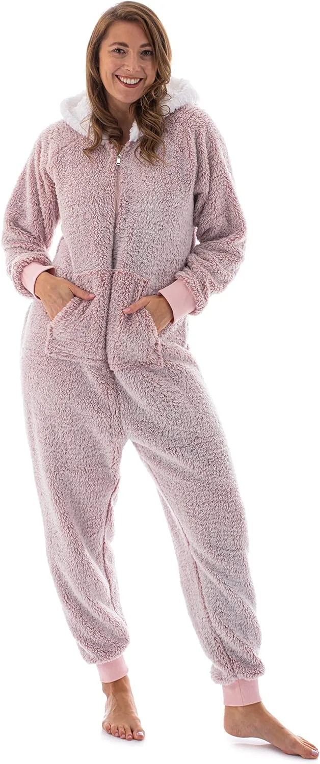 Teddy Fleece Adult Onesie Pajamas for Women Medium Pink