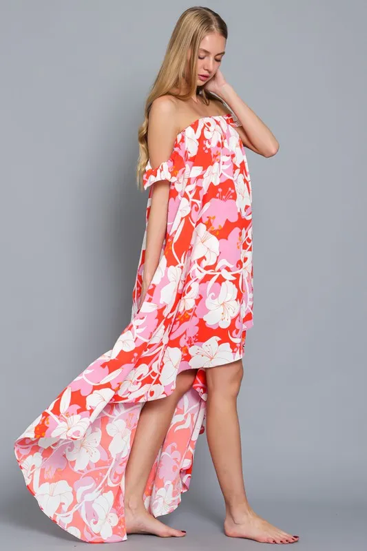 Tube Ruffle Shoulder Strap High Low Hem Dress