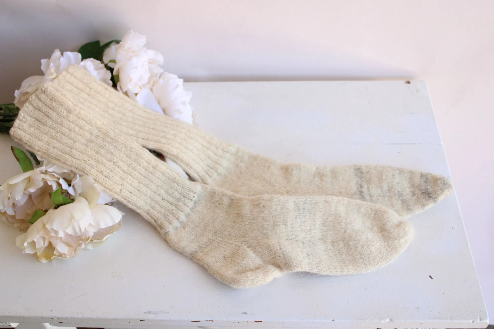 Vintage Ivory Knit Wool Socks