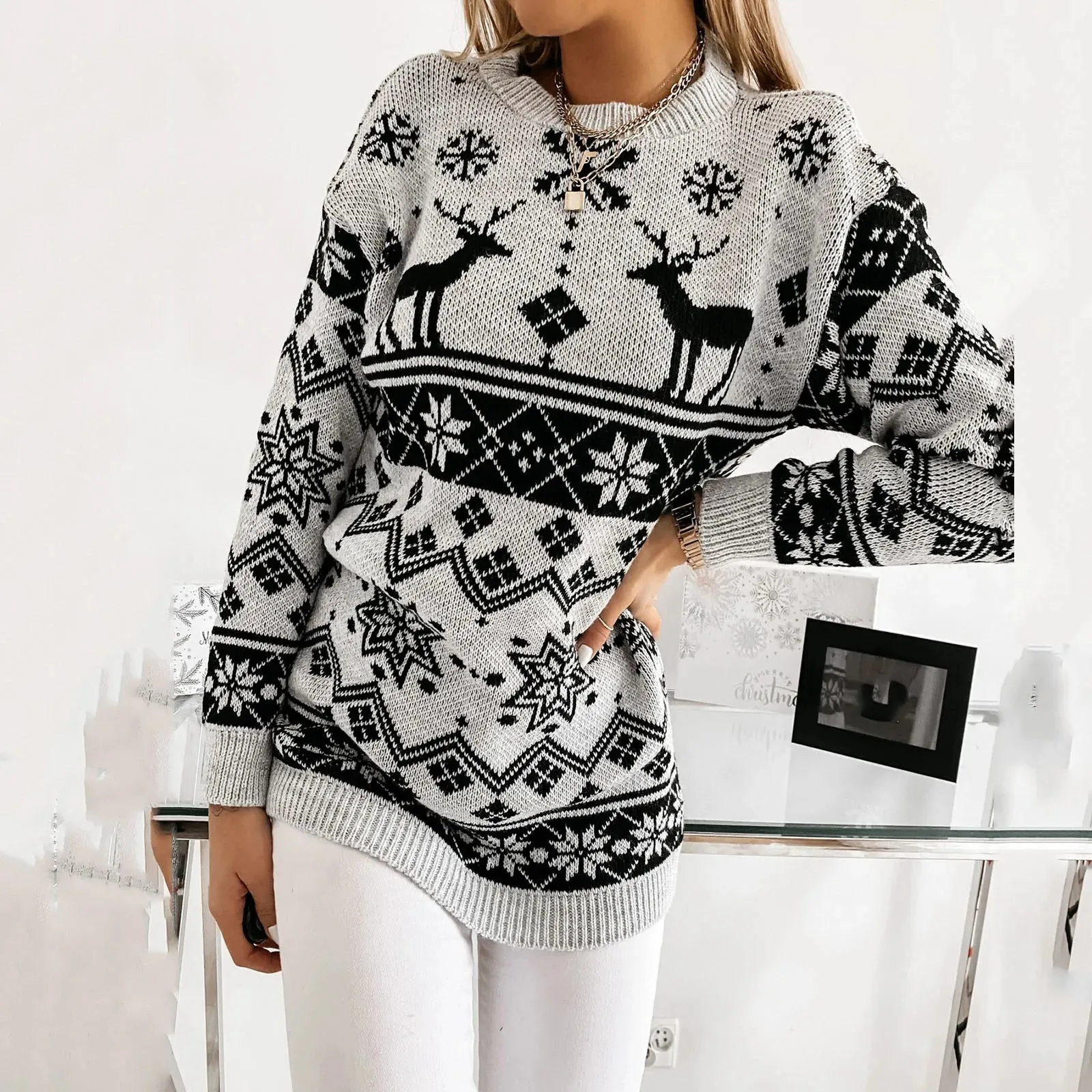 Wenkouban-Christmas Thanksgiving outfits_Christmas Deer Warm Knitted Long Sleeve Autumn Winter Loose Hot Sale Christmas Sweater