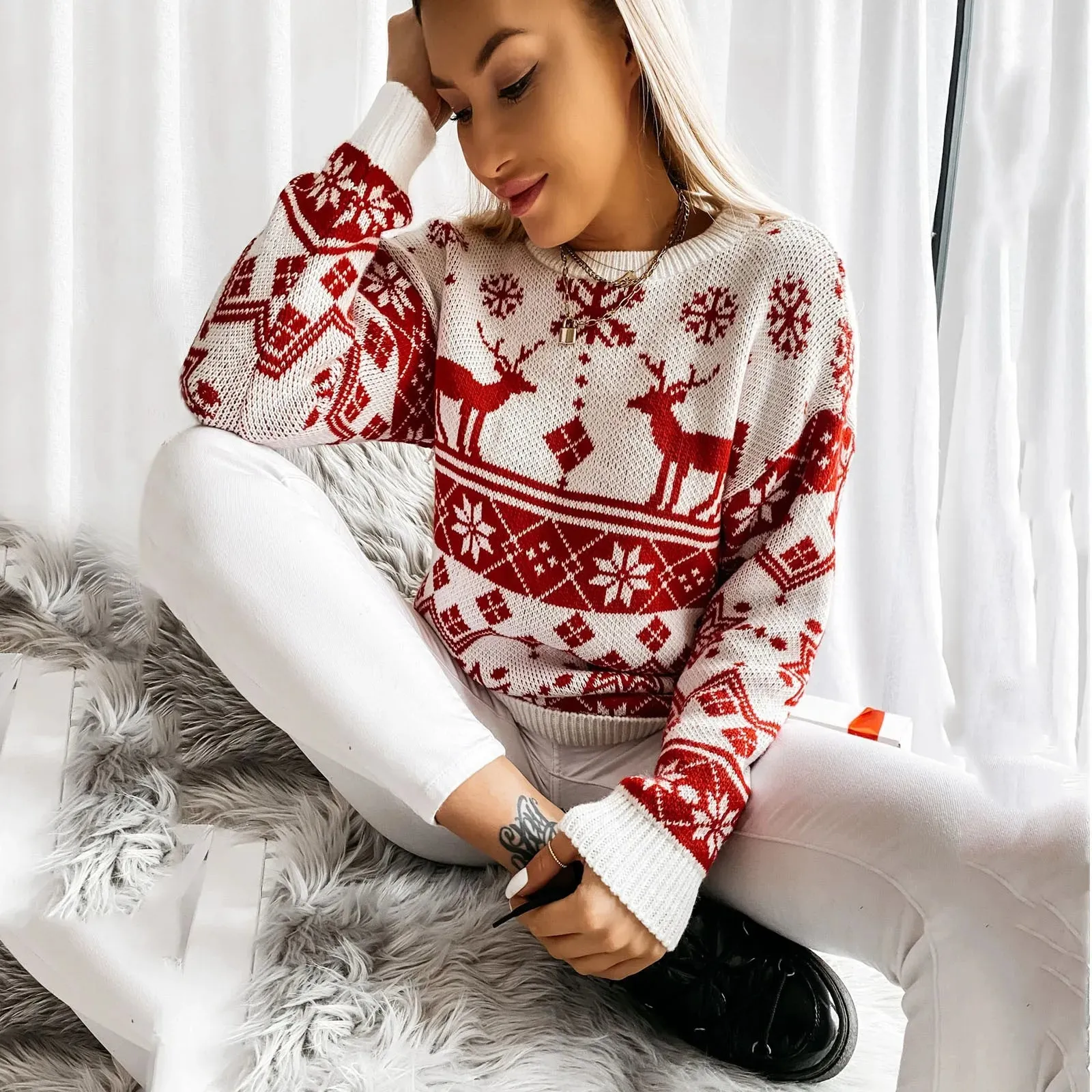 Wenkouban-Christmas Thanksgiving outfits_Christmas Deer Warm Knitted Long Sleeve Autumn Winter Loose Hot Sale Christmas Sweater