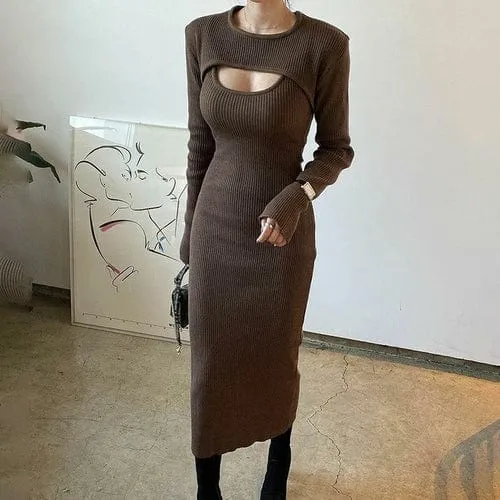  Women 2 Piece Outfits Solid Color Bodycon Midi Dress Pullover Set