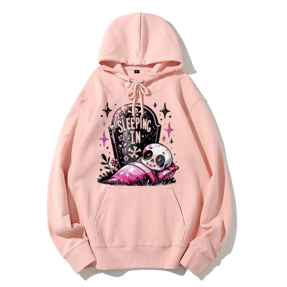 Women Cute Sleeping Skeleton Graphic Hoodies