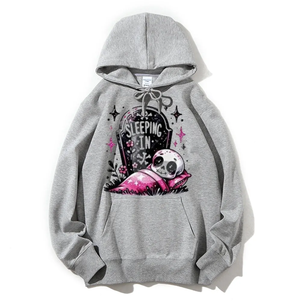 Women Cute Sleeping Skeleton Graphic Hoodies