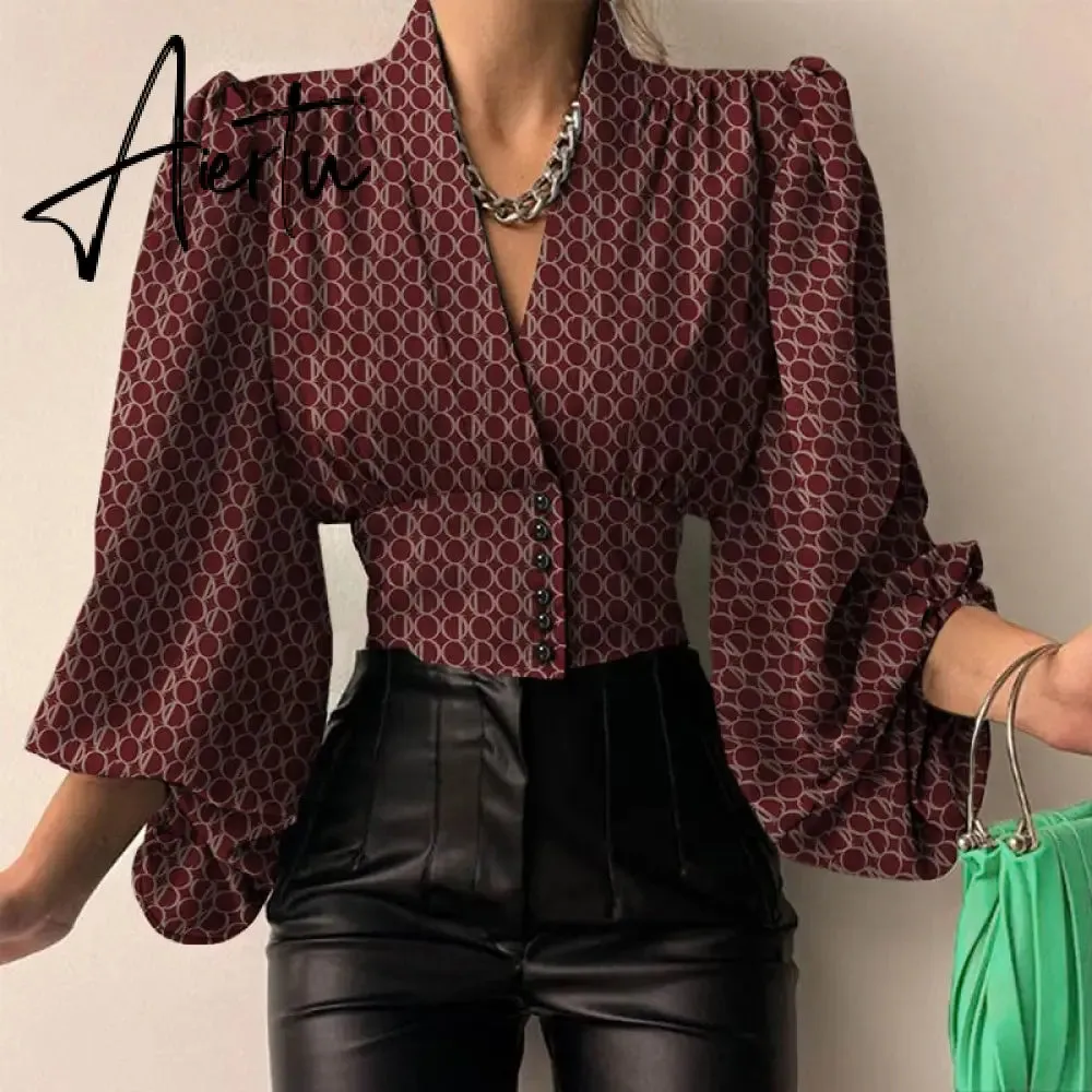 Women Shirts  Fashion Lantern Long Sleeve Elegant Blouse Summer Sexy V-neck Tunic Top Casual Party High Street Blusas