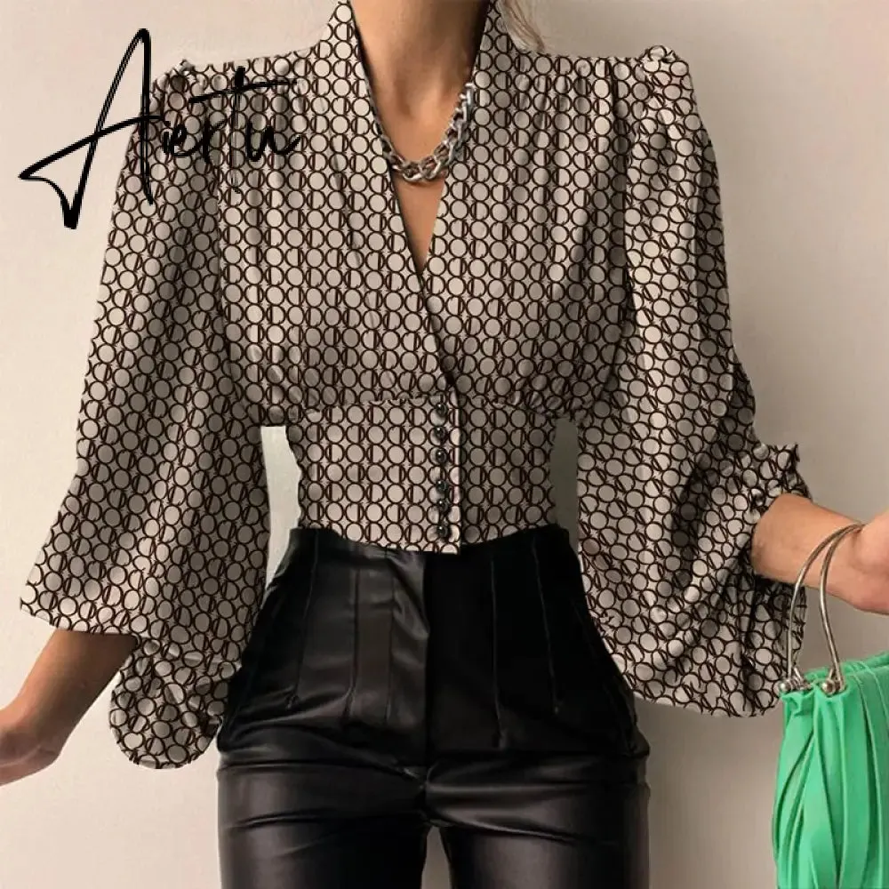 Women Shirts  Fashion Lantern Long Sleeve Elegant Blouse Summer Sexy V-neck Tunic Top Casual Party High Street Blusas