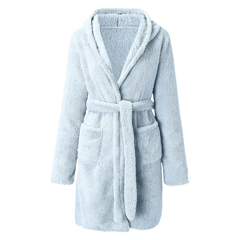 Women Solid Color Long Sleeve Warm Fleece Hooded Home Bathrobe