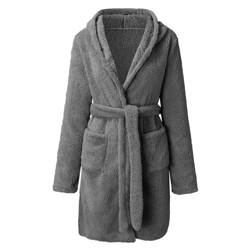 Women Solid Color Long Sleeve Warm Fleece Hooded Home Bathrobe