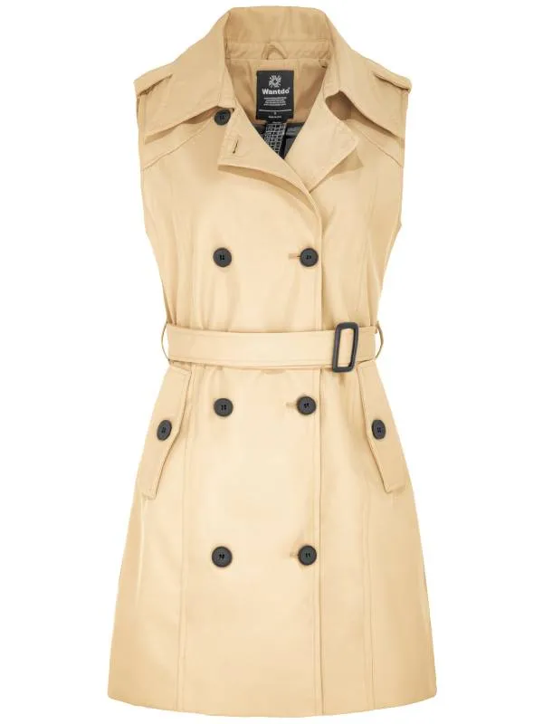 Women's Sleeveless Waterproof Trench Coat Double-Breasted Jacket with Belt